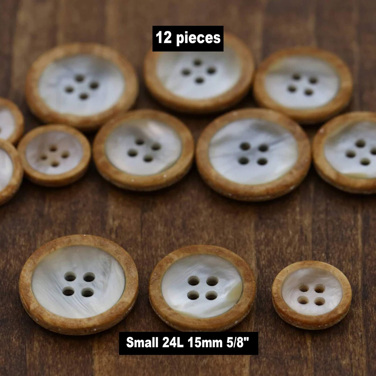 12 Pieces Faux Shell Button with Faux Wood Outer 15mm 5/8" Small Size Four Hole Shirt Button